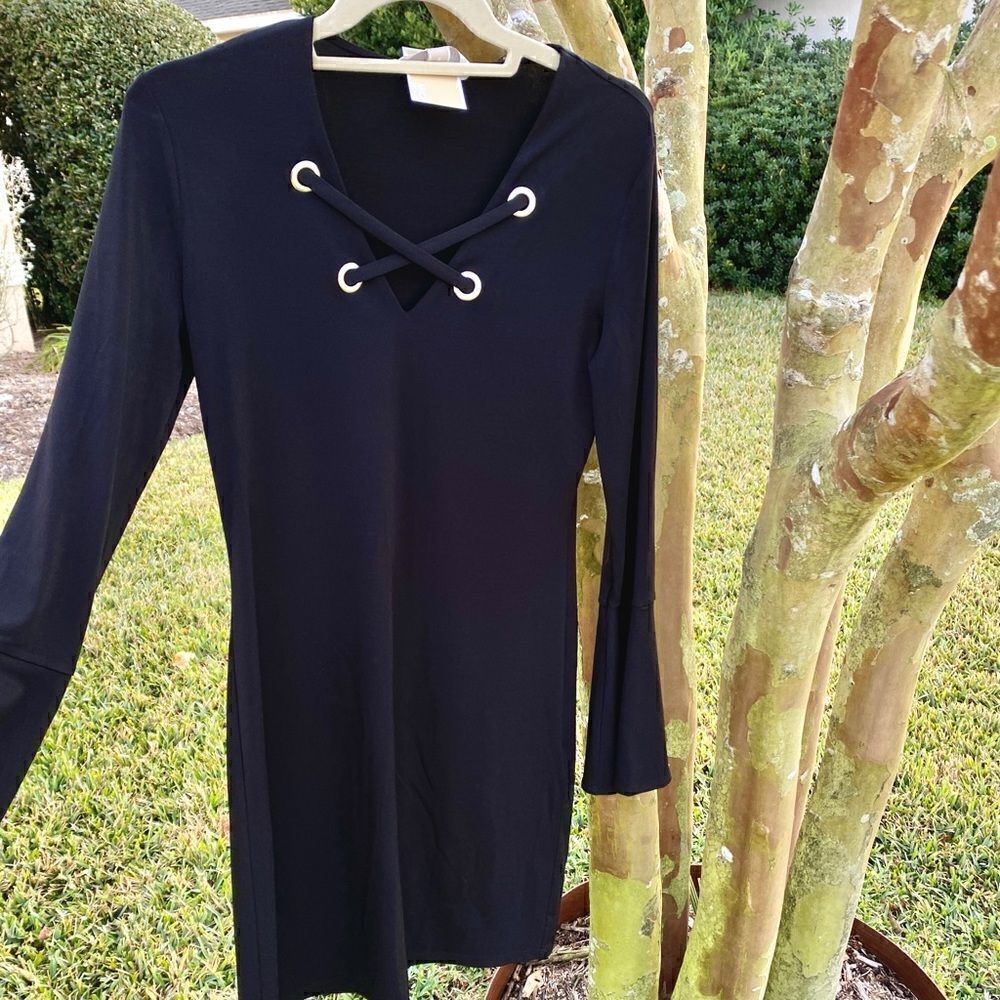 JET BLACK MICHAEL KORS FIT&FLARE DRESS-GROMMET CRISS CROSS STRAPS S NWT - Picture 10 of 16